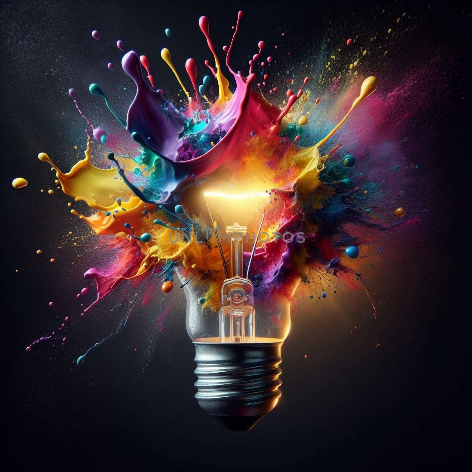 A lightbulb explodes with a burst of vibrant, colorful paint, symbolizing creativity and innovation. High quality AI-generated photo.