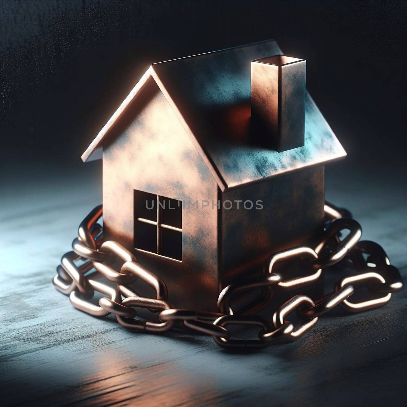Similar image to 15: A metallic model house is encircled by a copper chain, creating a symbolic image of financial burden or constraint. High quality AI-generated photo.