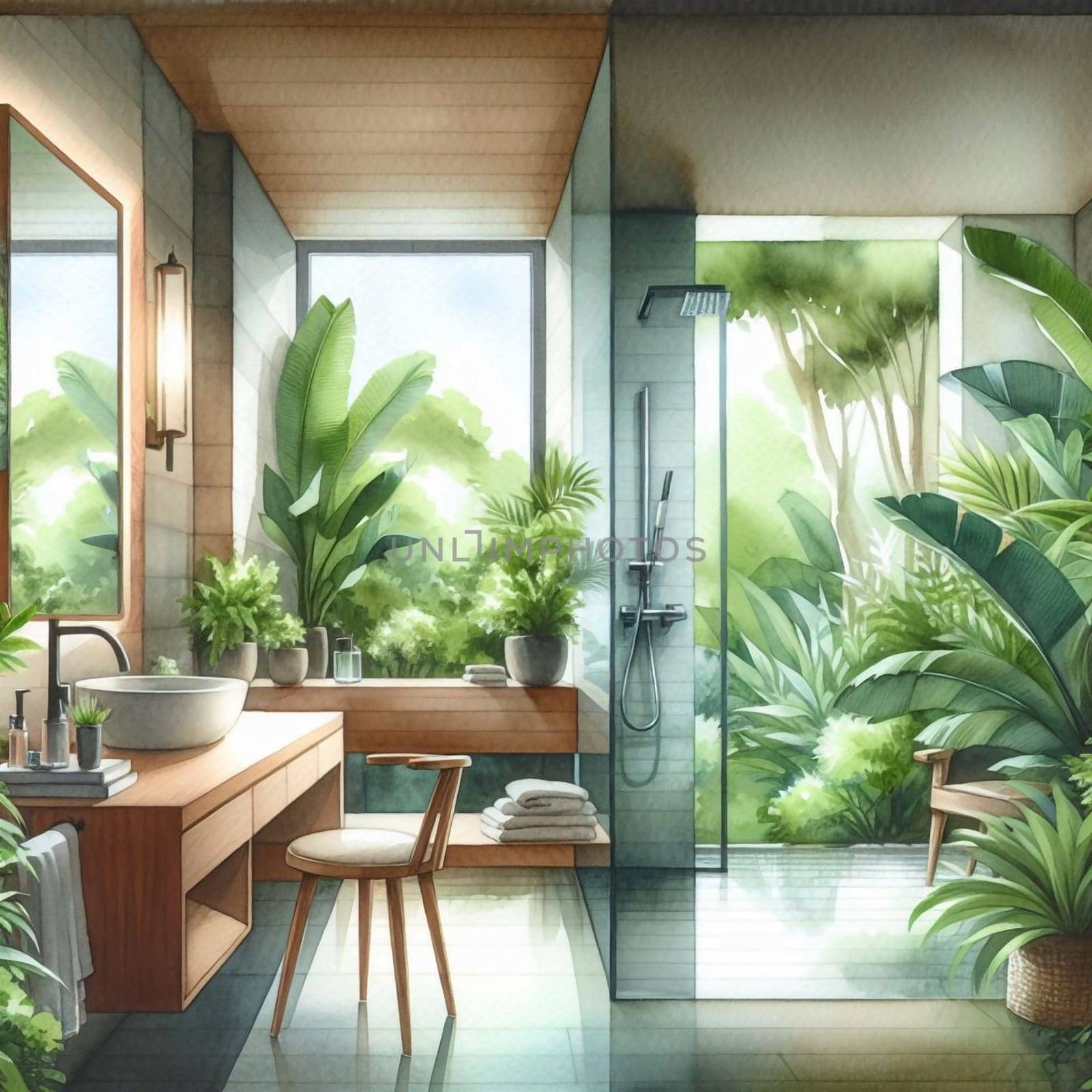 A watercolor painting of a modern, plant-filled bathroom with a glass shower overlooking a lush green garden. High quality AI-generated photo.