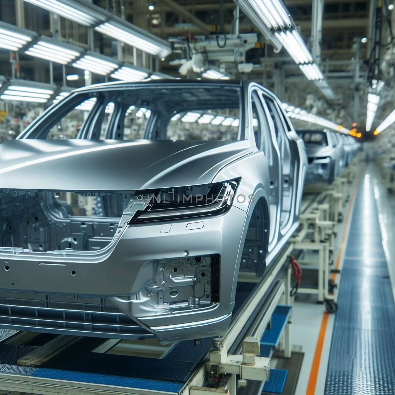 A silver car body on an automotive assembly line, showcasing the manufacturing process. High quality AI-generated photo.