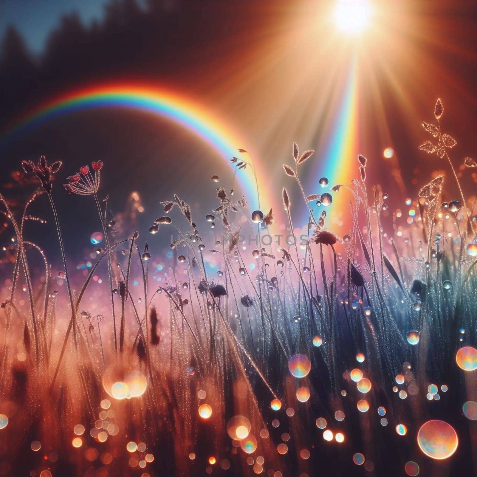 A field of grass covered in dewdrops at sunrise, with a vibrant rainbow arching across the sky. High quality AI-generated photo.