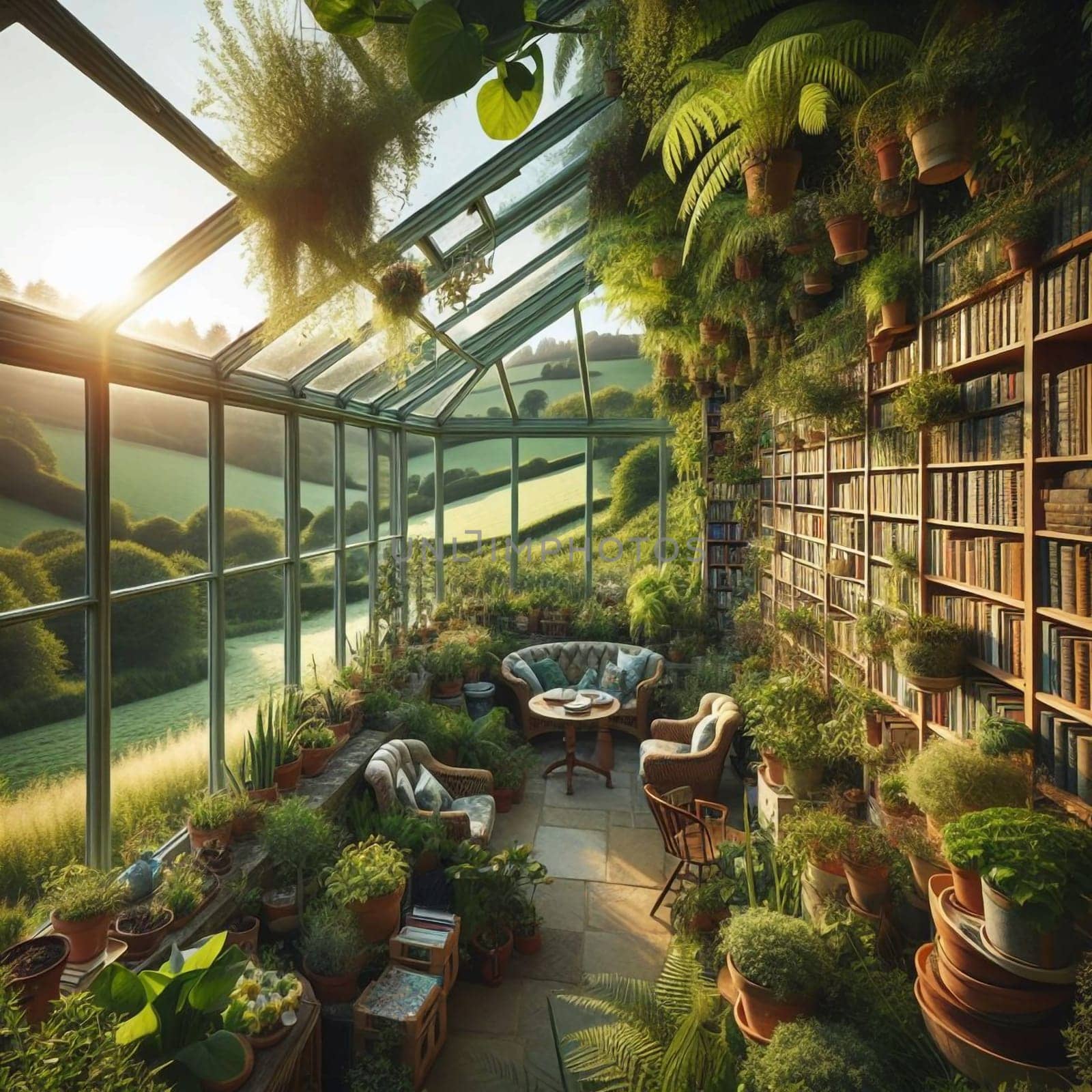 A sunlit conservatory with a built-in bookshelf filled with books and surrounded by lush plants. High quality AI-generated photo.