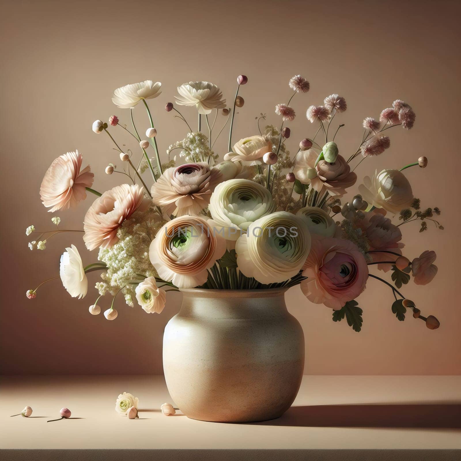 A still life image of a bouquet of ranunculus flowers in a light beige vase, set against a neutral background. High quality AI-generated photo.