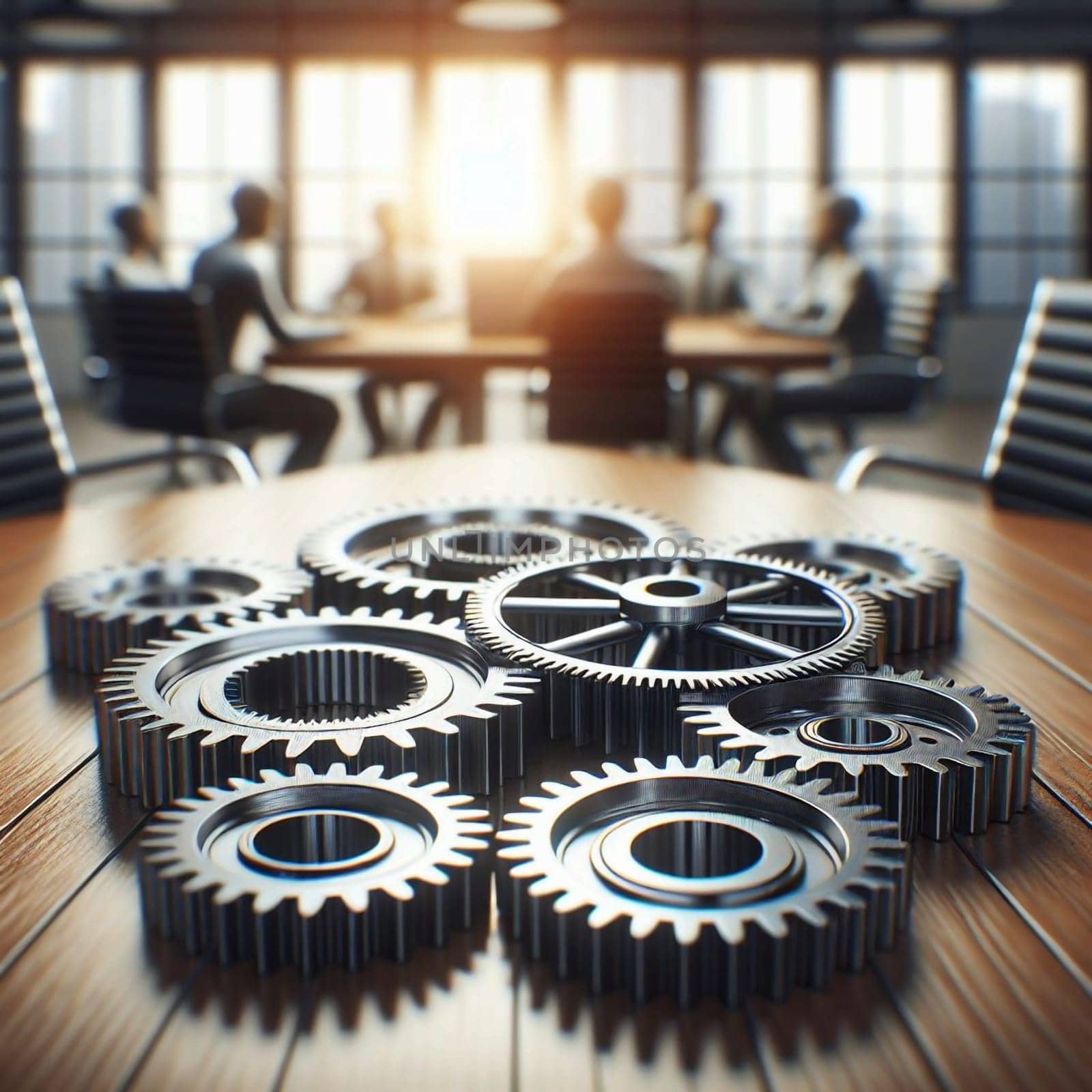 Interlocking metal gears on a wooden table, with blurred figures in a meeting in the background. High quality AI-generated photo.