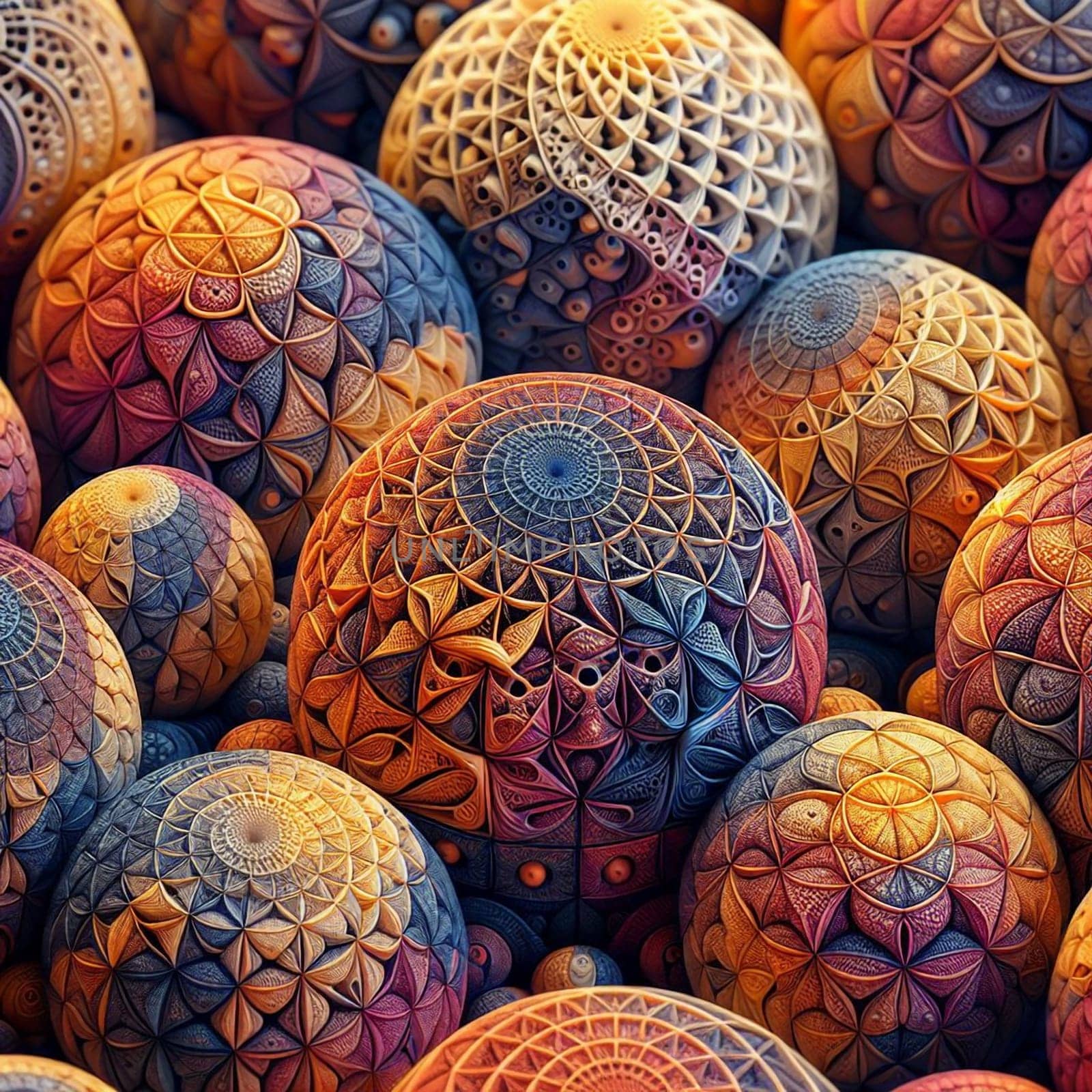 A collection of intricately designed spheres with detailed patterns in shades of gold, brown, and purple, creating a visually rich and complex composition. High quality AI-generated photo.
