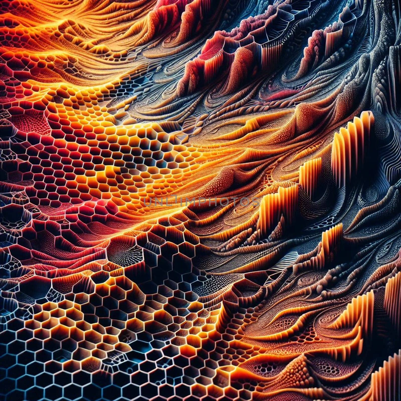 A close-up image of a textured surface with a honeycomb pattern in shades of orange, red, and black, resembling a geological formation or a unique abstract design. High quality AI-generated photo.