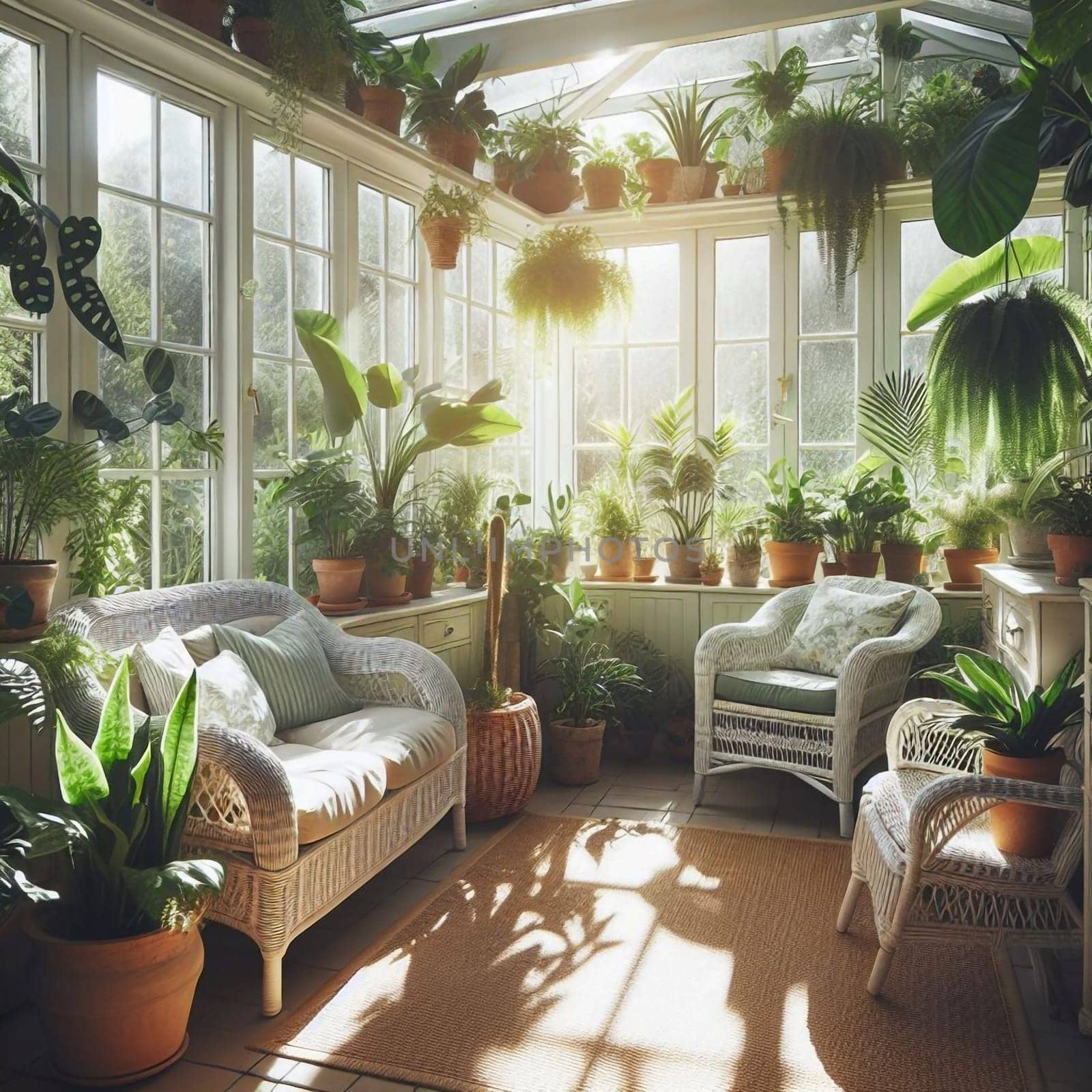 A sunlit conservatory filled with a variety of lush potted plants, featuring wicker furniture and a tranquil atmosphere. High quality AI-generated photo.