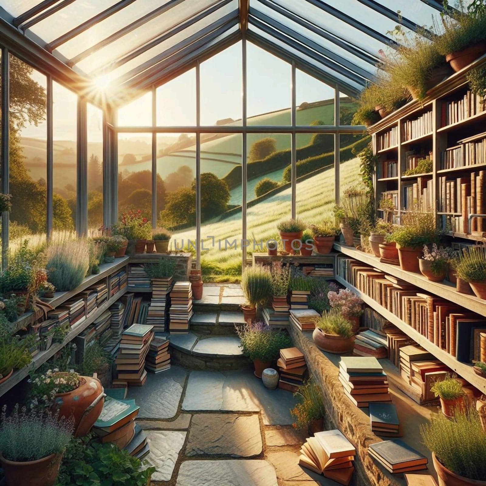 A sun-drenched greenhouse filled with various potted plants and books, with a stunning view of a rolling green landscape visible through the glass walls. High quality AI-generated photo.