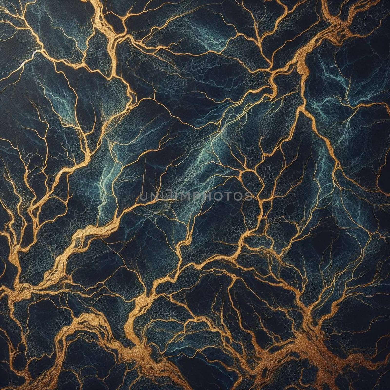 An abstract image resembling a dark, marbled texture with golden veins or cracks running throughout. High quality AI-generated photo.