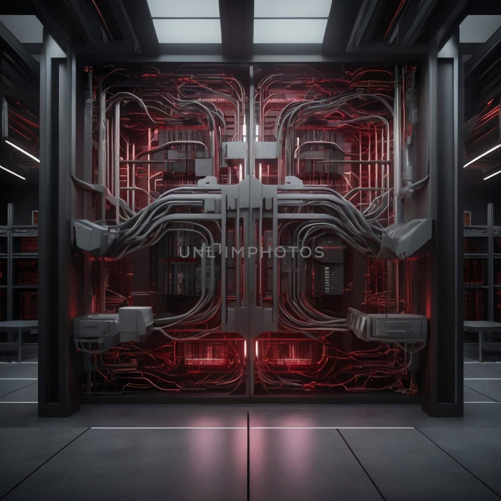 A futuristic server room interior featuring a large, intricately wired server rack with glowing red lights. High quality AI-generated photo.