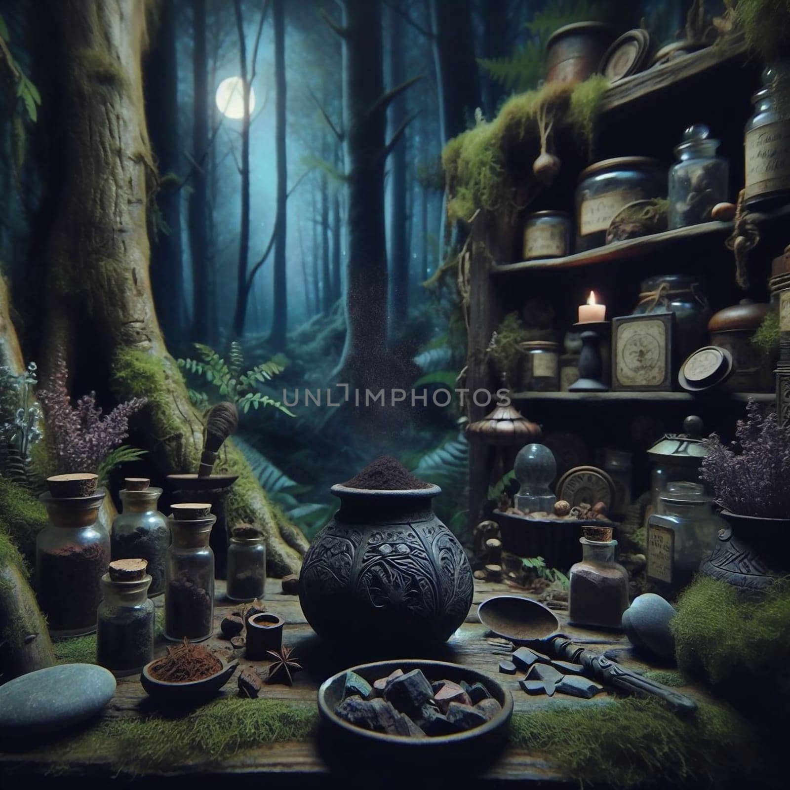 A dark, mystical scene depicting an alchemist's workshop in a forest at night, with various bottles, ingredients, and tools displayed. High quality AI-generated photo.