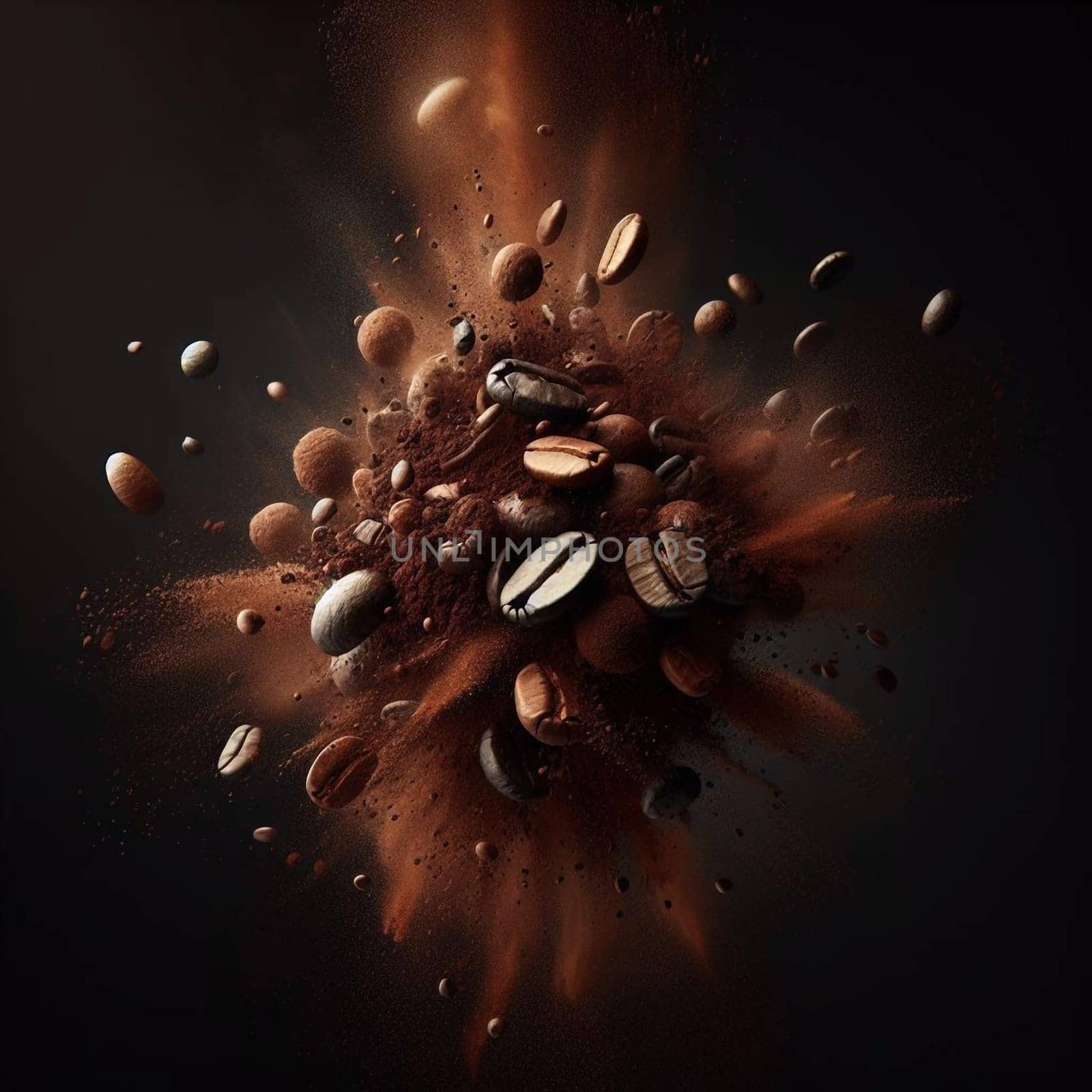 A dynamic image of coffee beans, grounds, and cocoa powder exploding in a burst of rich brown hues. High quality AI-generated photo.