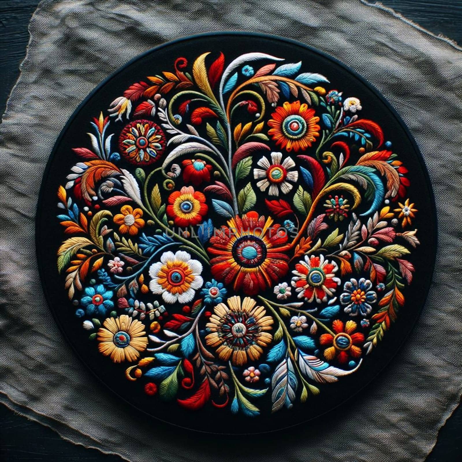 A circular piece of embroidery featuring a dense arrangement of colorful flowers and leaves on a black background. High quality AI-generated photo.