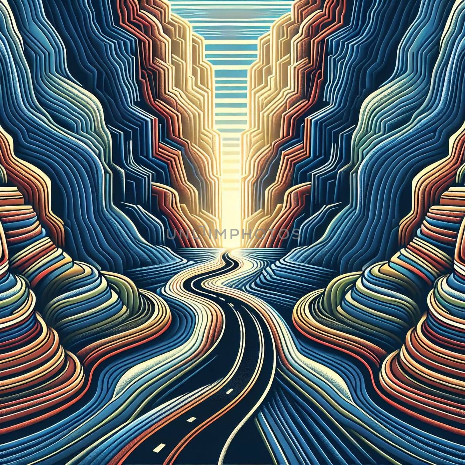 An illustration of a road winding through a stylized canyon, with the canyon walls depicted in layered, colorful lines. High quality AI-generated photo.