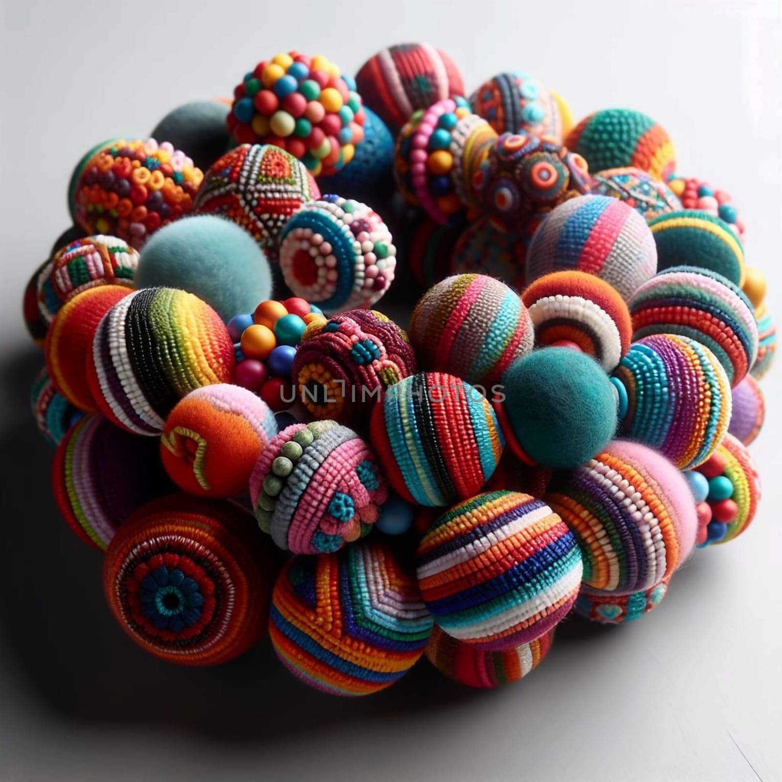 A collection of colorful beaded balls, arranged in a circular formation, resembling a necklace or bracelet. High quality AI-generated photo.