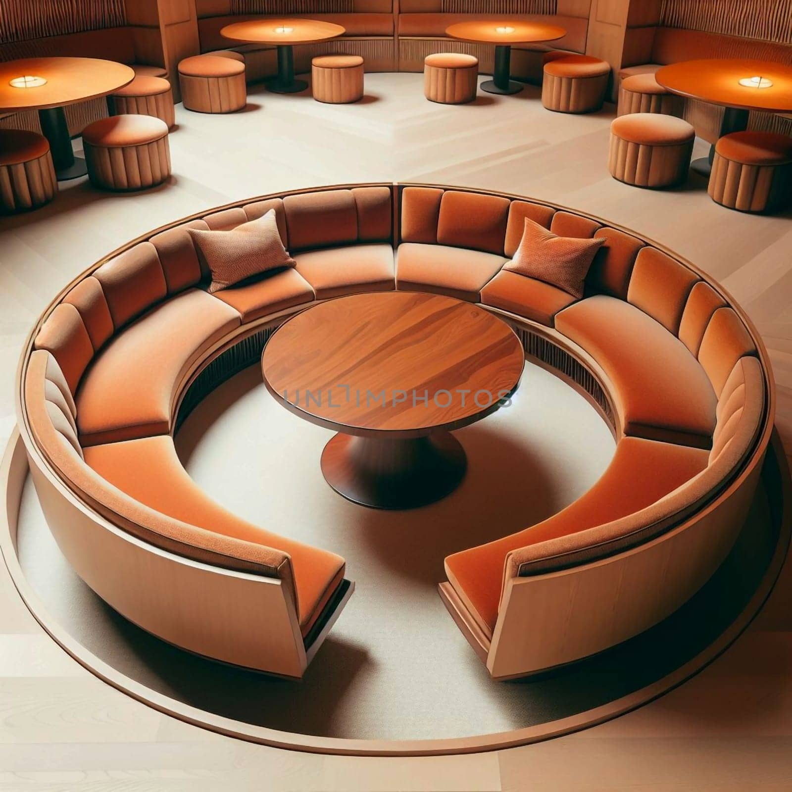 A circular seating arrangement with an orange velvet sofa and a wooden table in the center, designed for conversation and socializing. High quality AI-generated photo.