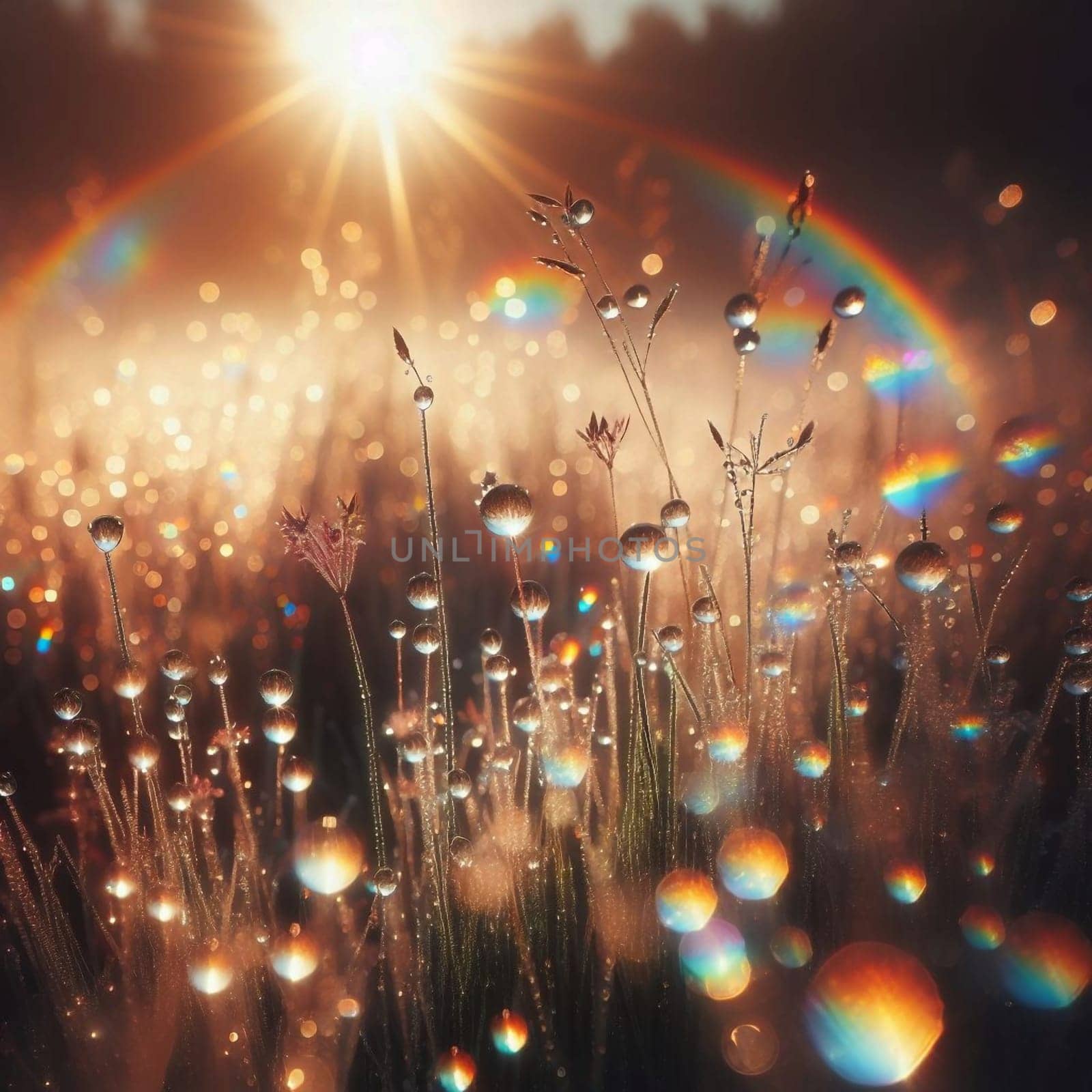 A close-up shot of dewdrops on blades of grass at sunrise, with a rainbow visible in the background. High quality AI-generated photo.