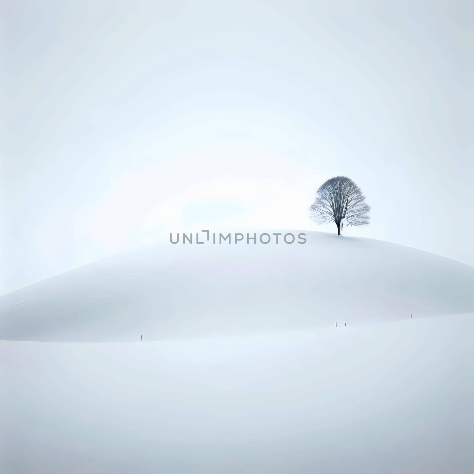 A single, leafless tree stands atop a snow-covered hill against a minimalist, bright white sky. High quality AI-generated photo.