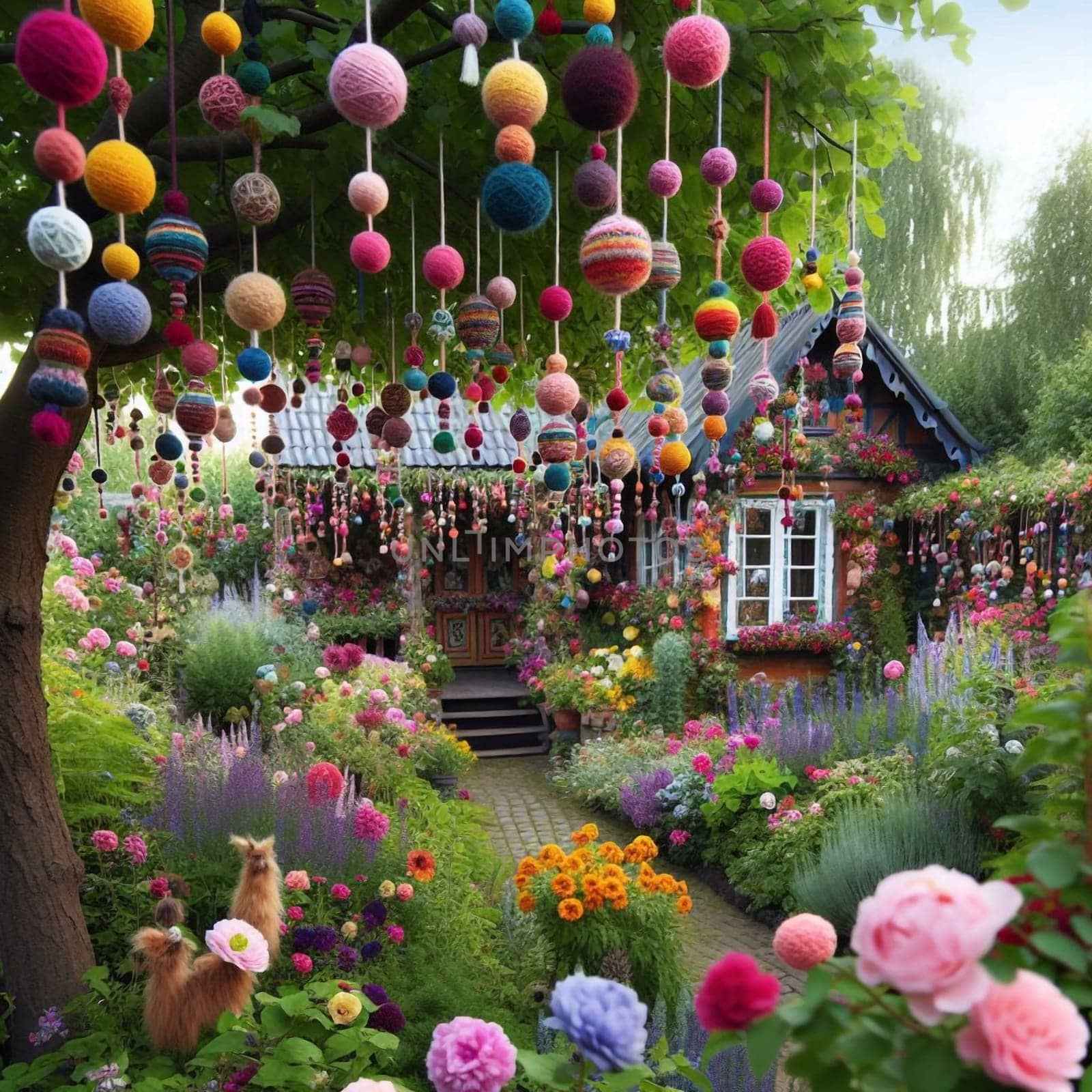 A whimsical garden scene featuring a cottage adorned with flowers, and a tree decorated with colorful yarn balls. High quality AI-generated photo.