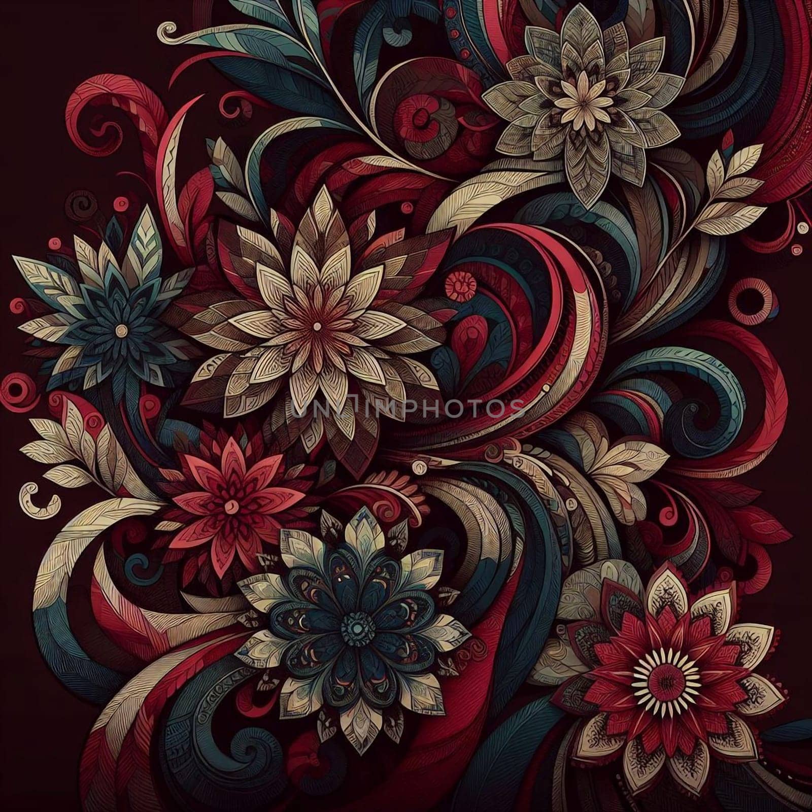 An intricate floral design with stylized flowers and swirling patterns in rich, dark colors. High quality AI-generated photo.
