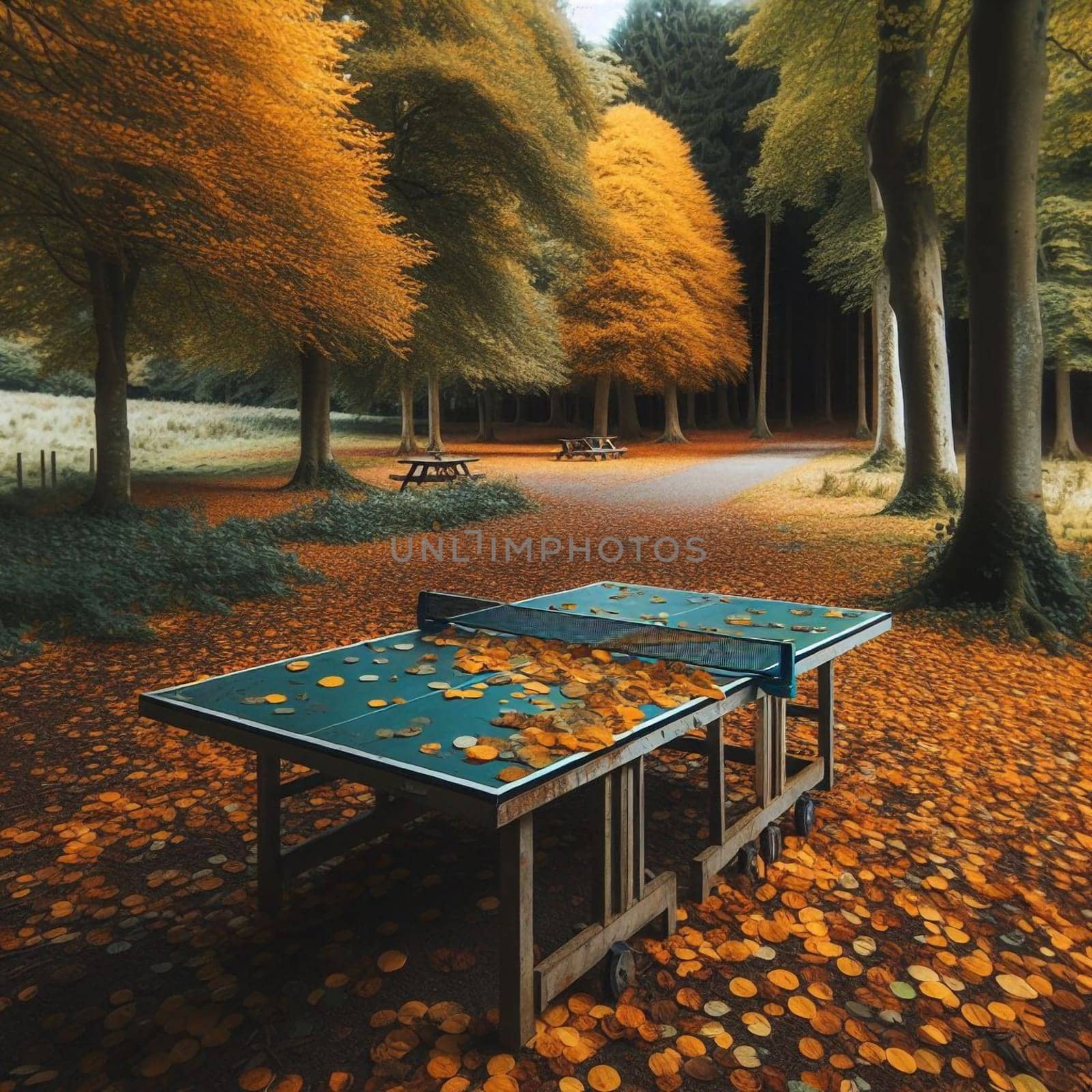 An old ping pong table covered with autumn leaves, set in an autumnal forest setting. High quality AI-generated photo.