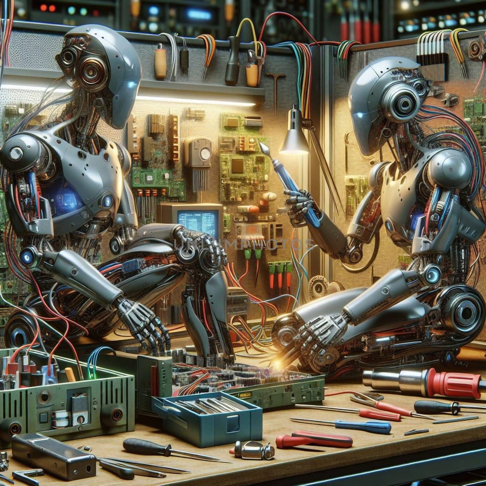 Two robots are working together on a circuit board in a workshop setting. High quality AI-generated photo.