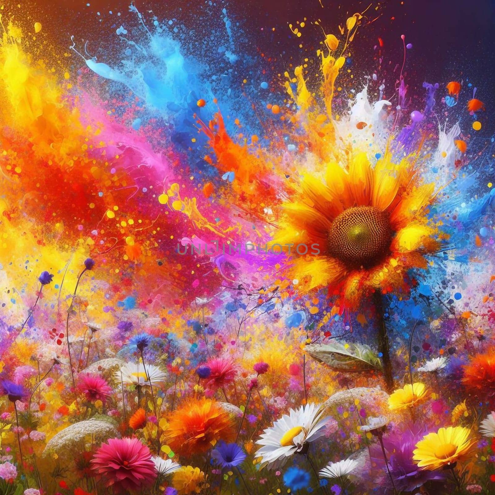 A vibrant abstract image featuring a sunflower amidst a field of colorful flowers with paint splatters. High quality AI-generated photo.