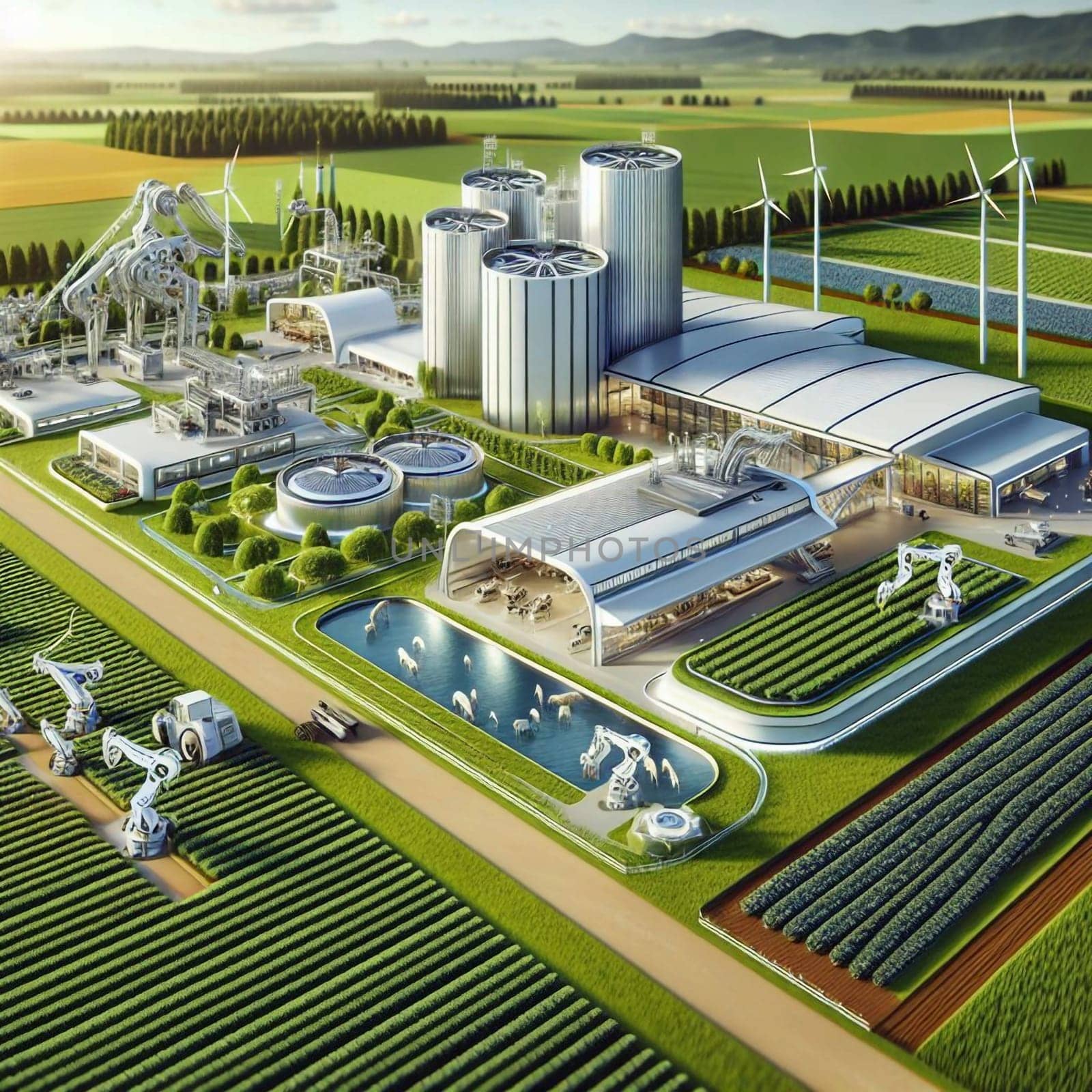 An aerial view of a modern, sustainable farm with automated machinery and wind turbines, showcasing technological advancements in agriculture. High quality AI-generated photo.