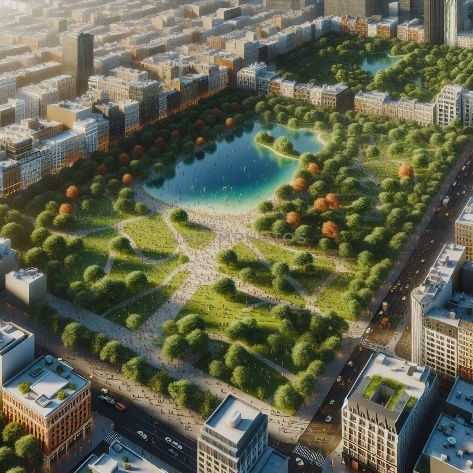 An aerial view of a large park in a bustling city, showing people enjoying the green space amidst urban buildings. High quality AI-generated photo.