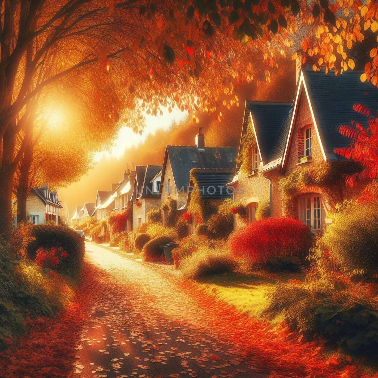 A picturesque street lined with charming houses in autumn, with vibrant fall foliage and warm sunlight. High quality AI-generated photo.