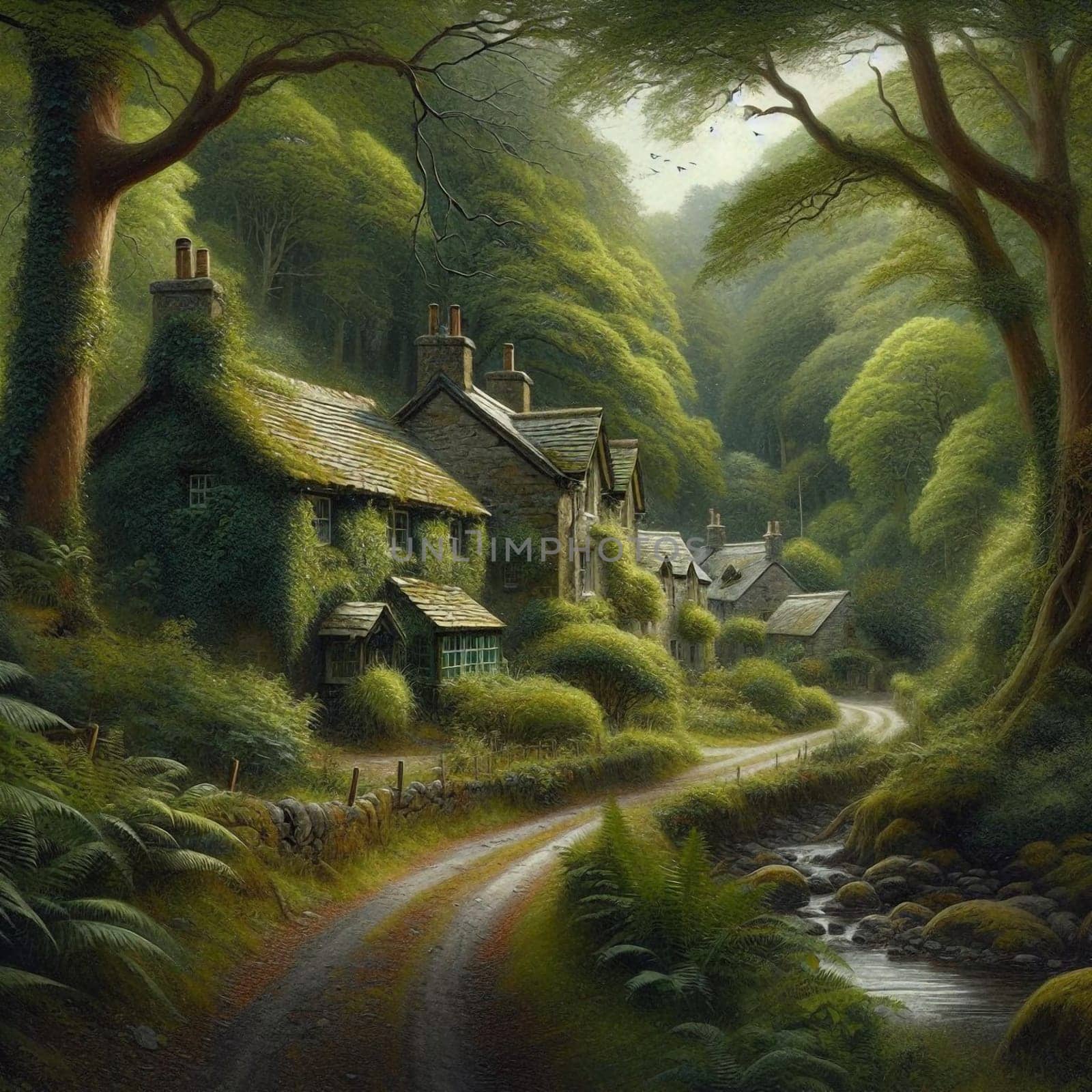 A painting of a charming stone cottage nestled in a lush green valley beside a stream. High quality AI-generated photo.