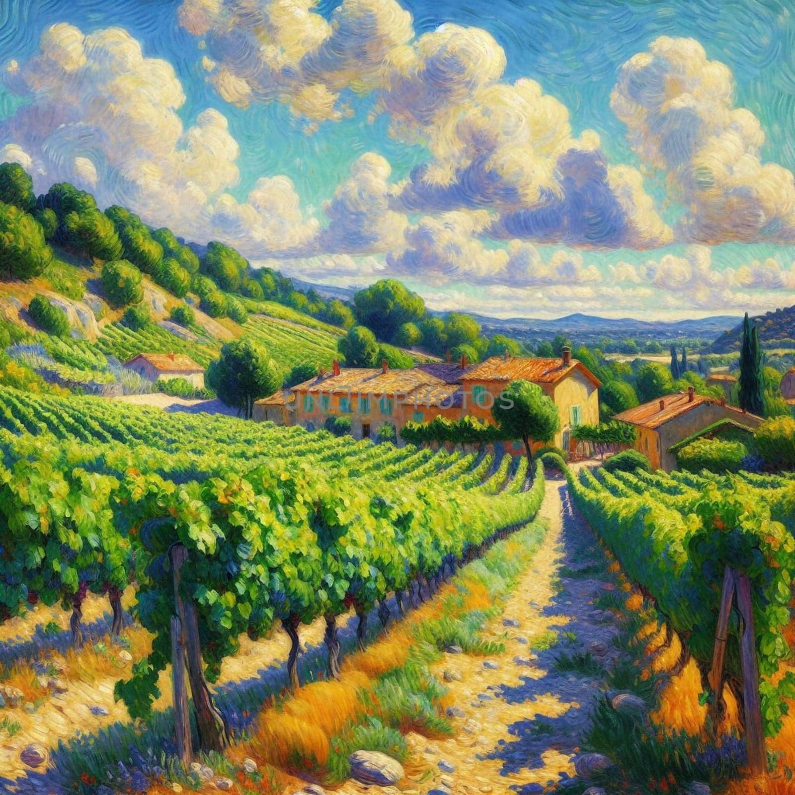 An Impressionistic painting of a vineyard in the French countryside, under a sunny sky with fluffy clouds. High quality AI-generated photo.