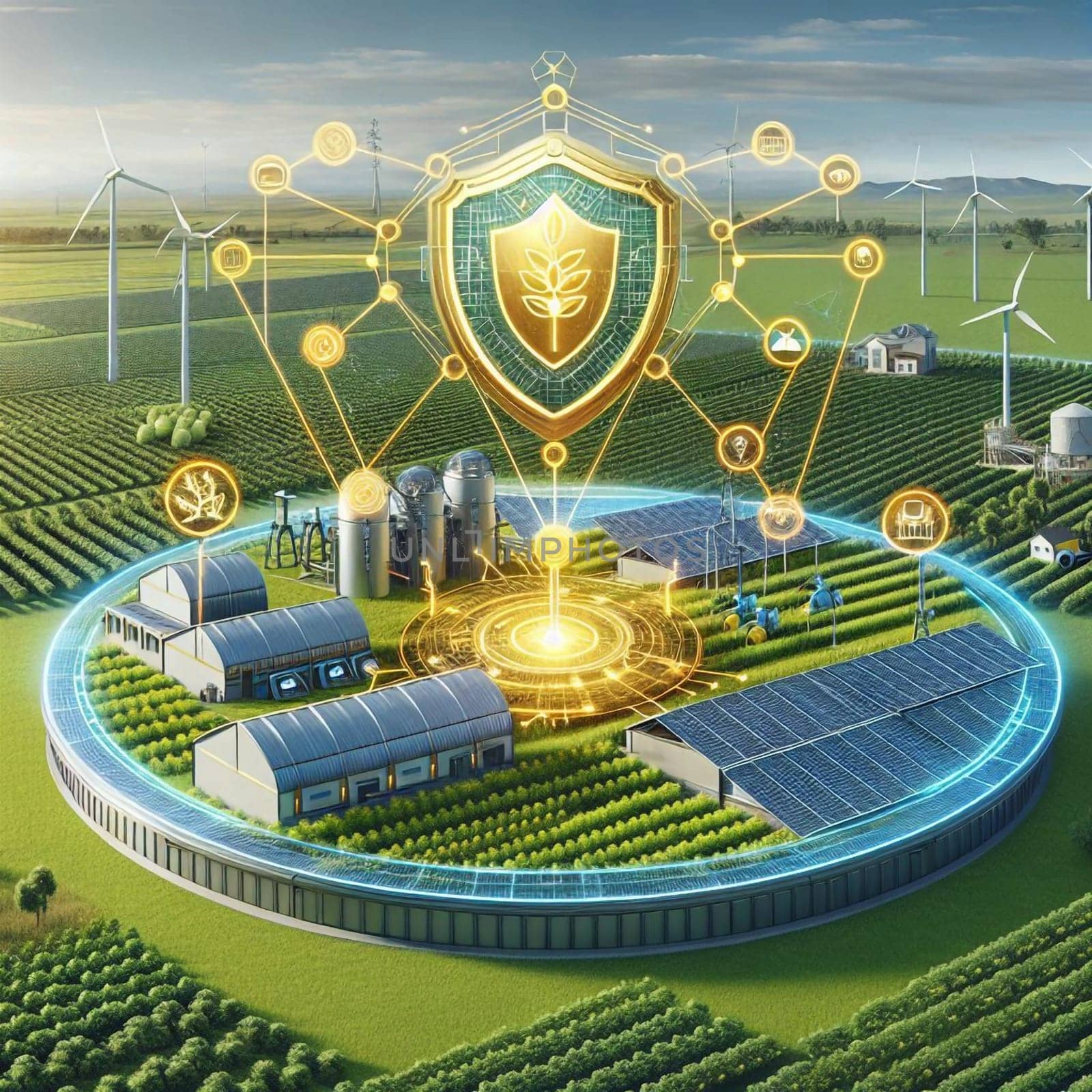 An aerial view of a technologically advanced, sustainable farm with wind turbines, solar panels, and automated systems. A shield with a plant icon. High quality AI-generated photo.