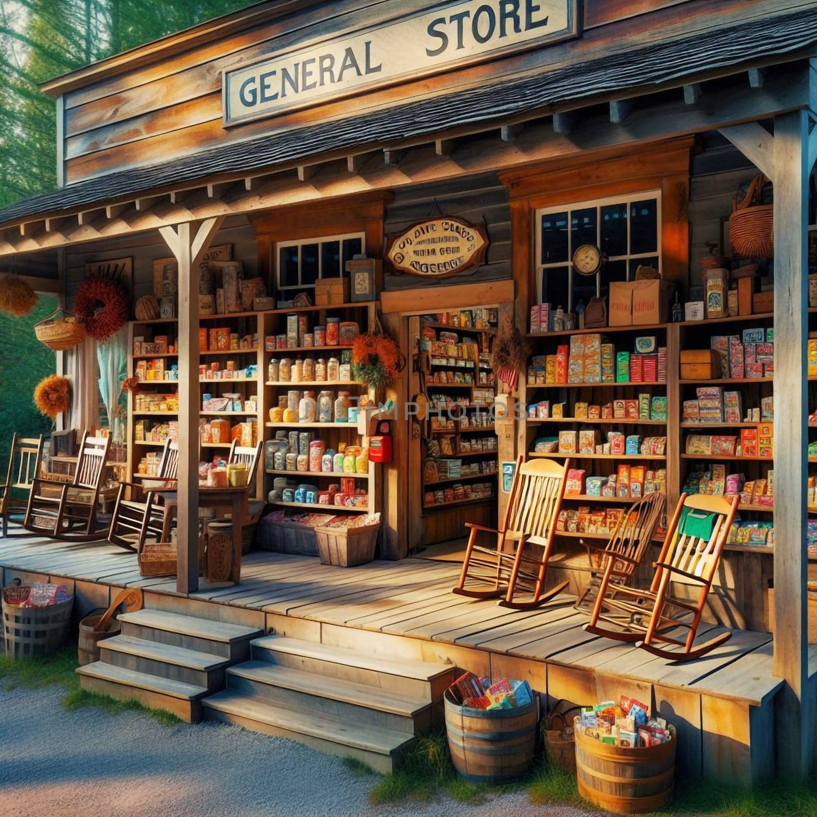 A vintage general store with rocking chairs on the porch, shelves stocked with goods, and barrels of merchandise outside. High quality AI-generated photo.