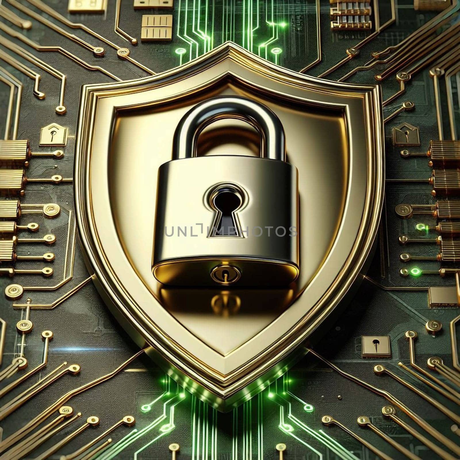 A golden padlock icon on a golden shield, positioned on a circuit board, symbolizing digital security. High quality AI-generated photo.
