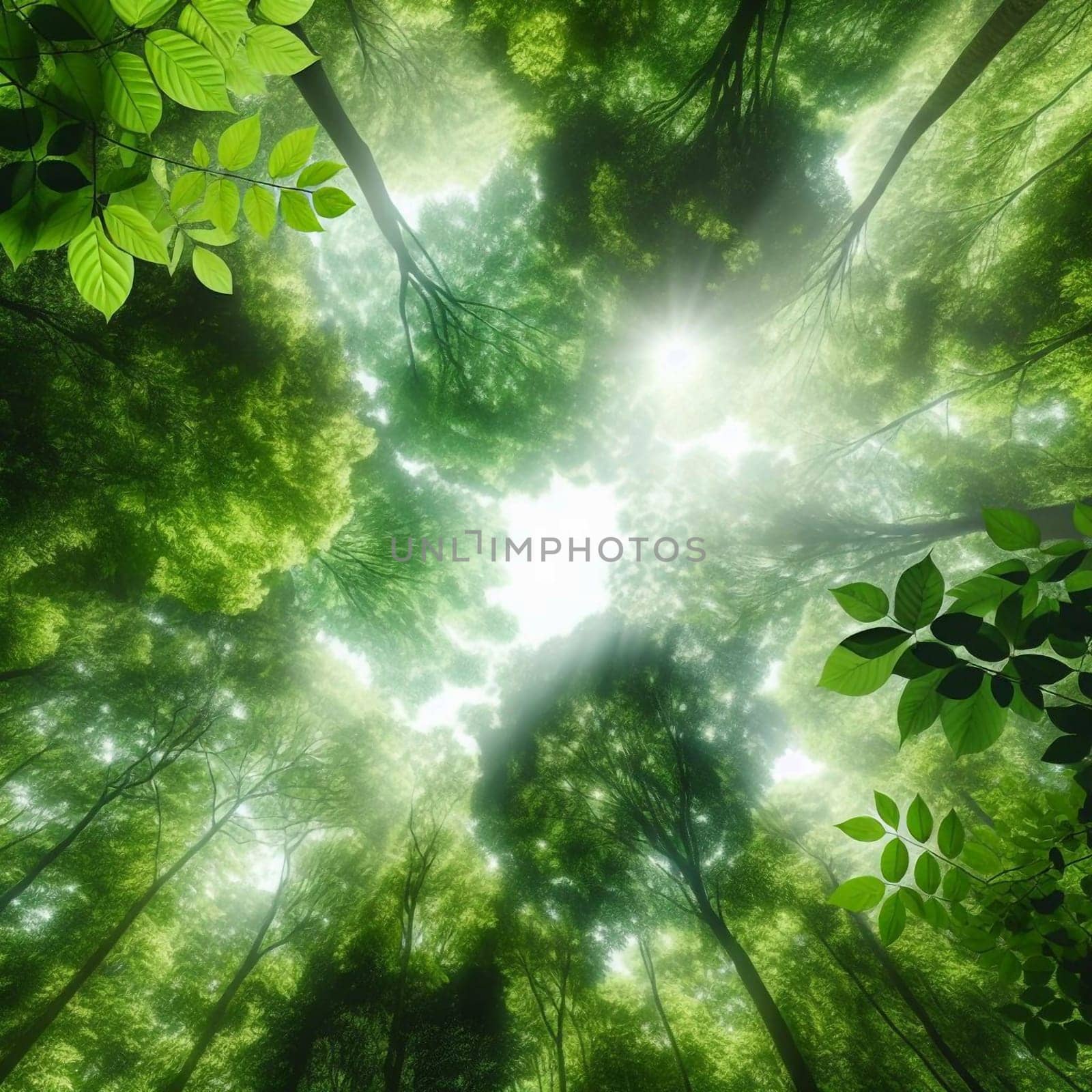 A sunlit view looking up through a forest canopy, with sunlight streaming through the leaves. High quality AI-generated photo.