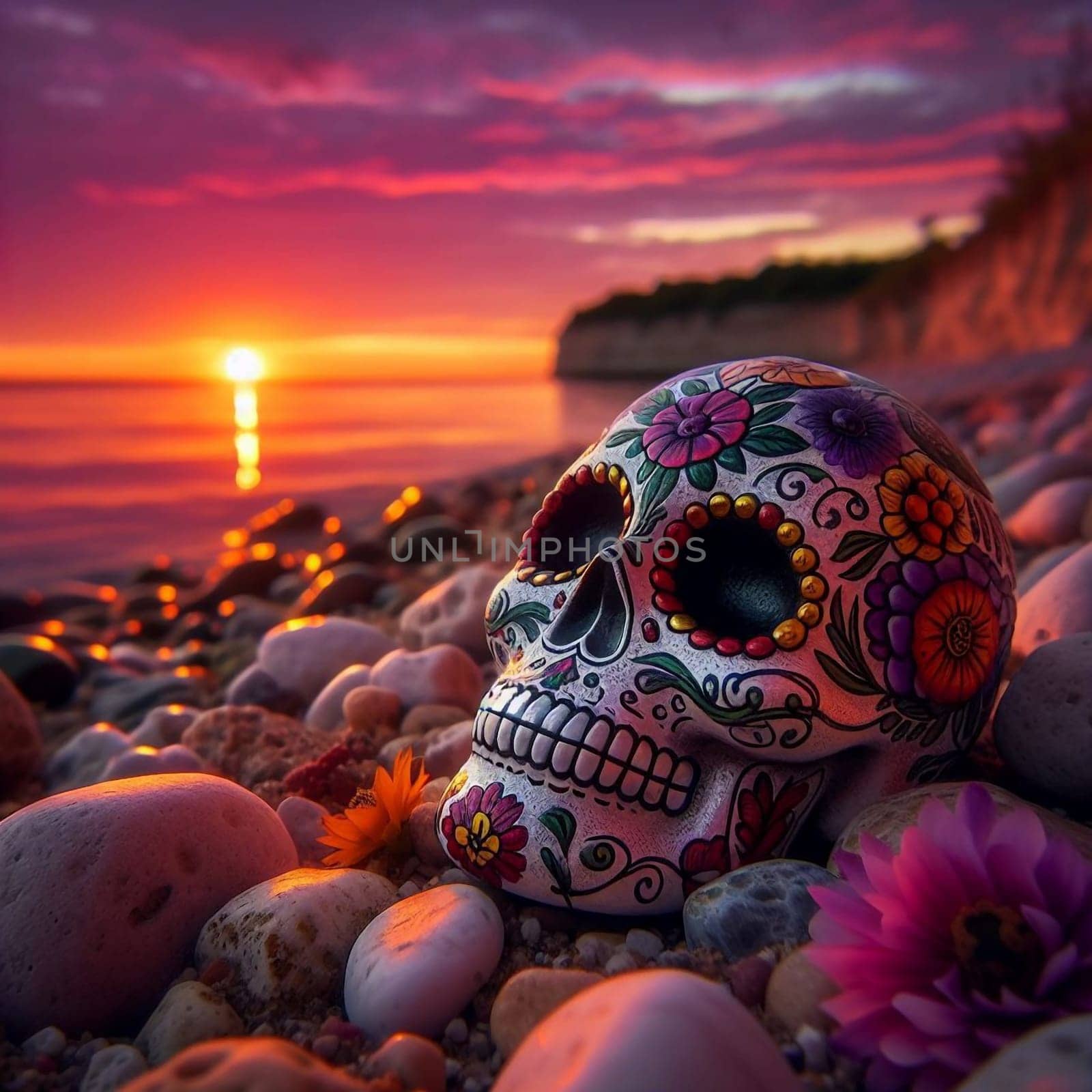 A decorated sugar skull resting on pebbles at the beach with a vibrant sunset in the background. High quality AI-generated photo.