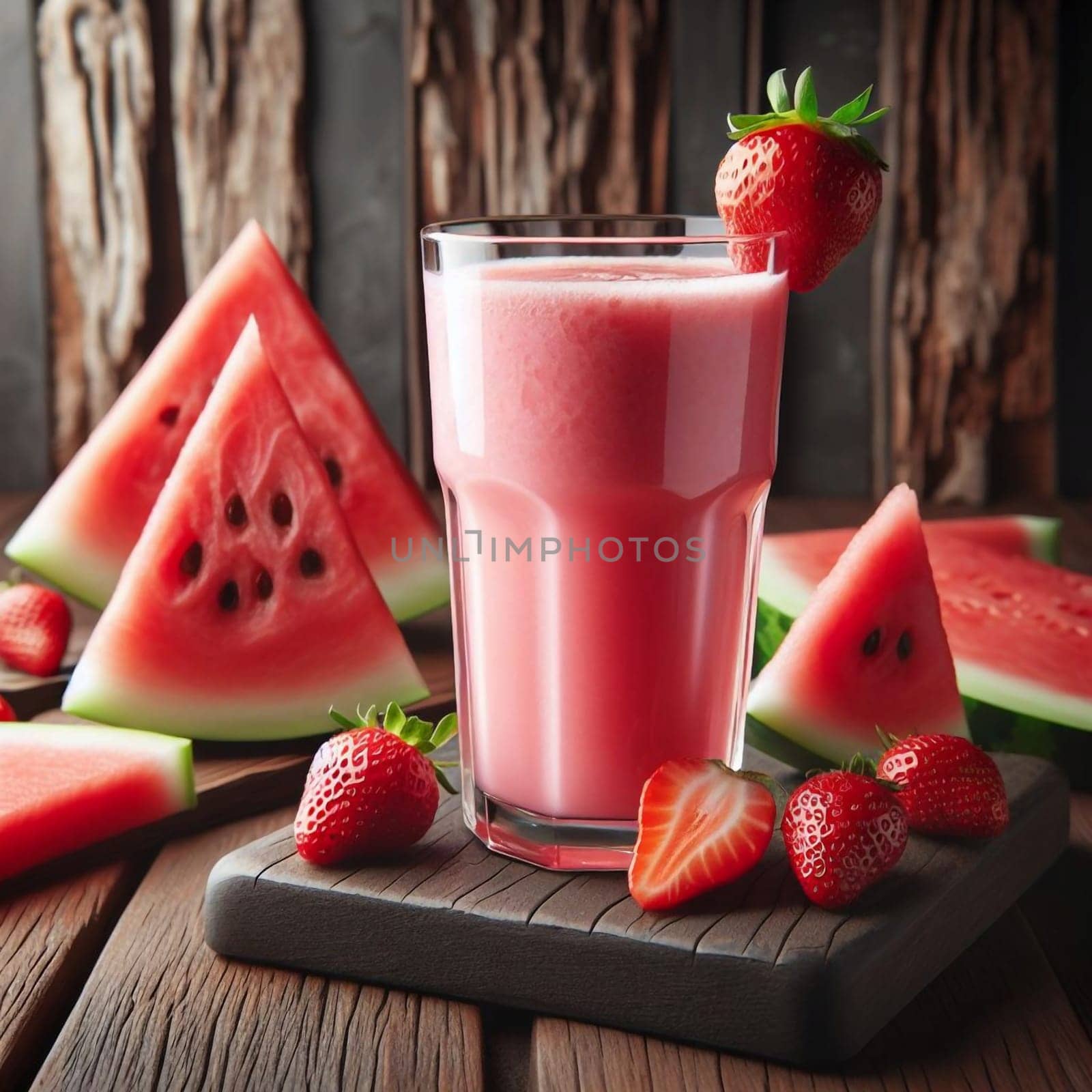 A refreshing watermelon and strawberry smoothie in a glass, surrounded by fresh fruit slices. High quality AI-generated photo.