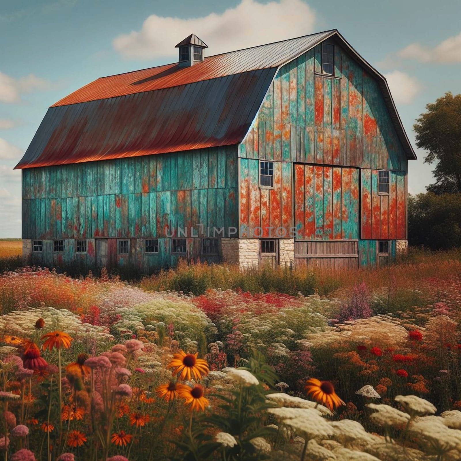 A rustic, weathered barn with a turquoise and rust-colored exterior, situated in a field of wildflowers. High quality AI-generated photo.