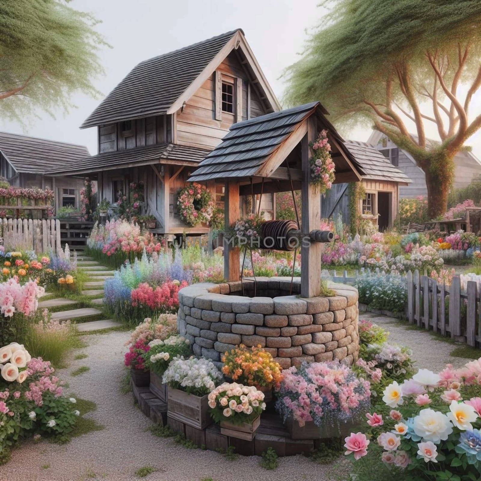 A whimsical illustration of a stone well surrounded by colorful flowers, situated next to a charming wooden cottage. High quality AI-generated photo.