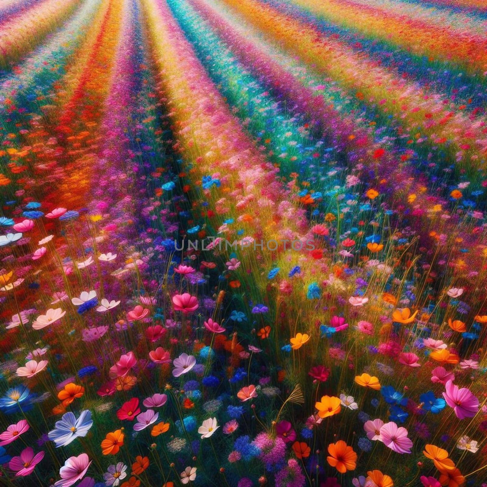 A vibrant field of colorful wildflowers extending to the horizon, with a rainbow-like effect created by the varying colors of the blooms. High quality AI-generated photo.