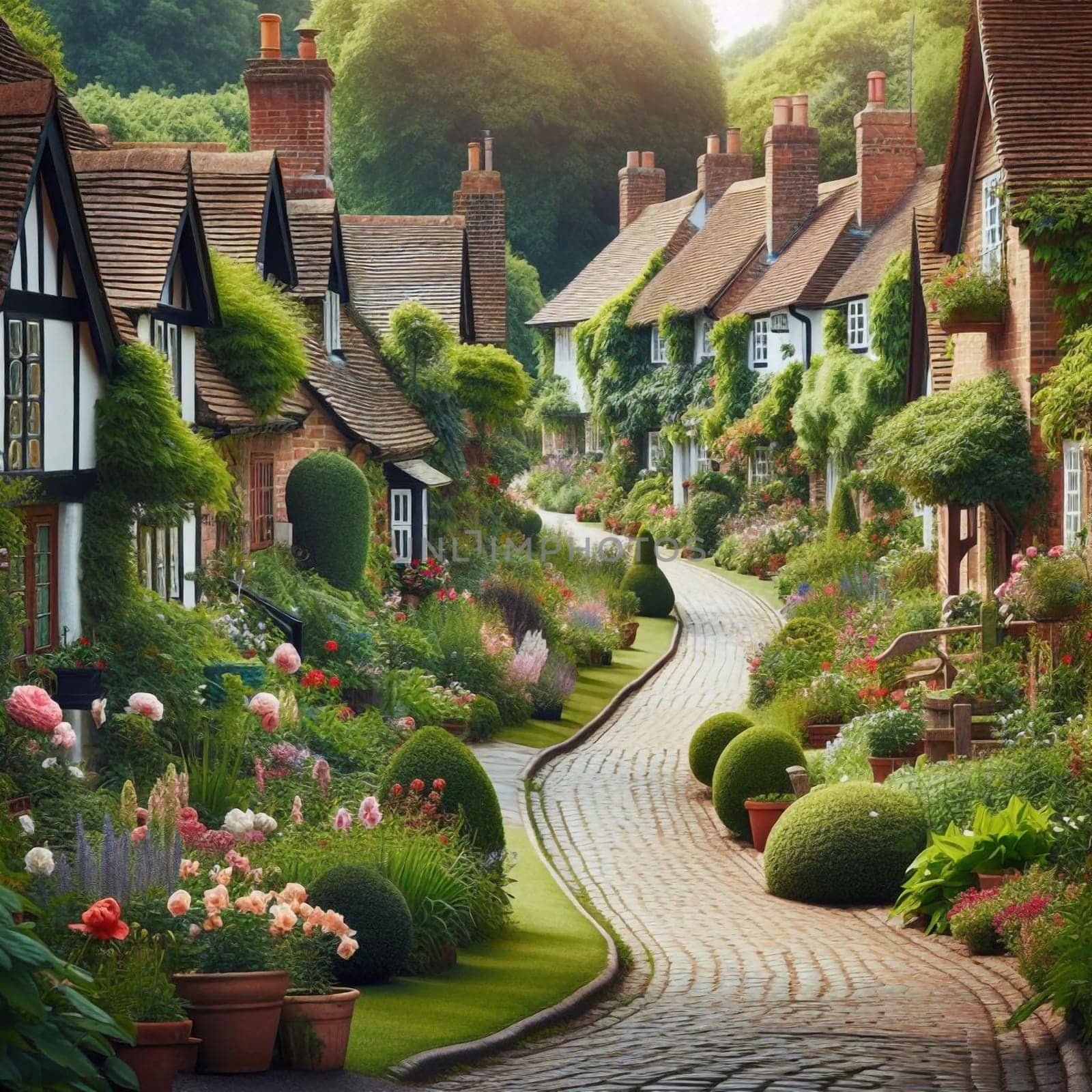 A picturesque street lined with charming houses and lush gardens in a quaint English village. High quality AI-generated photo.