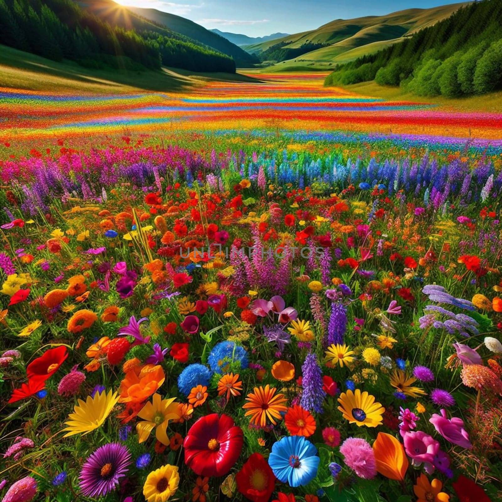 A vibrant meadow filled with an array of colorful wildflowers, extending towards a mountain valley in the distance. High quality AI-generated photo.