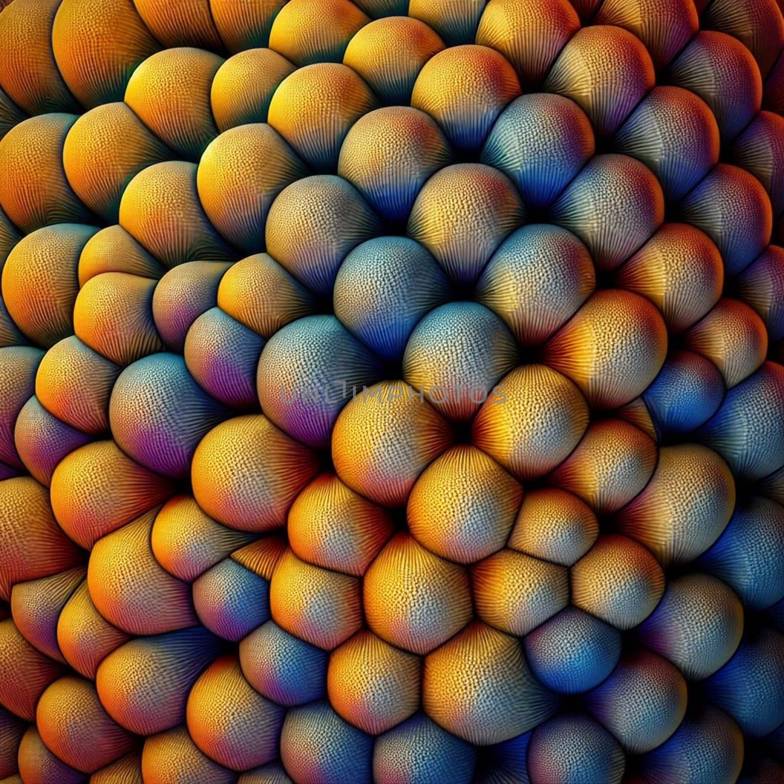 A close-up image of a textured surface with numerous small, rounded shapes in shades of gold, blue, and purple, resembling a microscopic view of cells. High quality AI-generated photo.