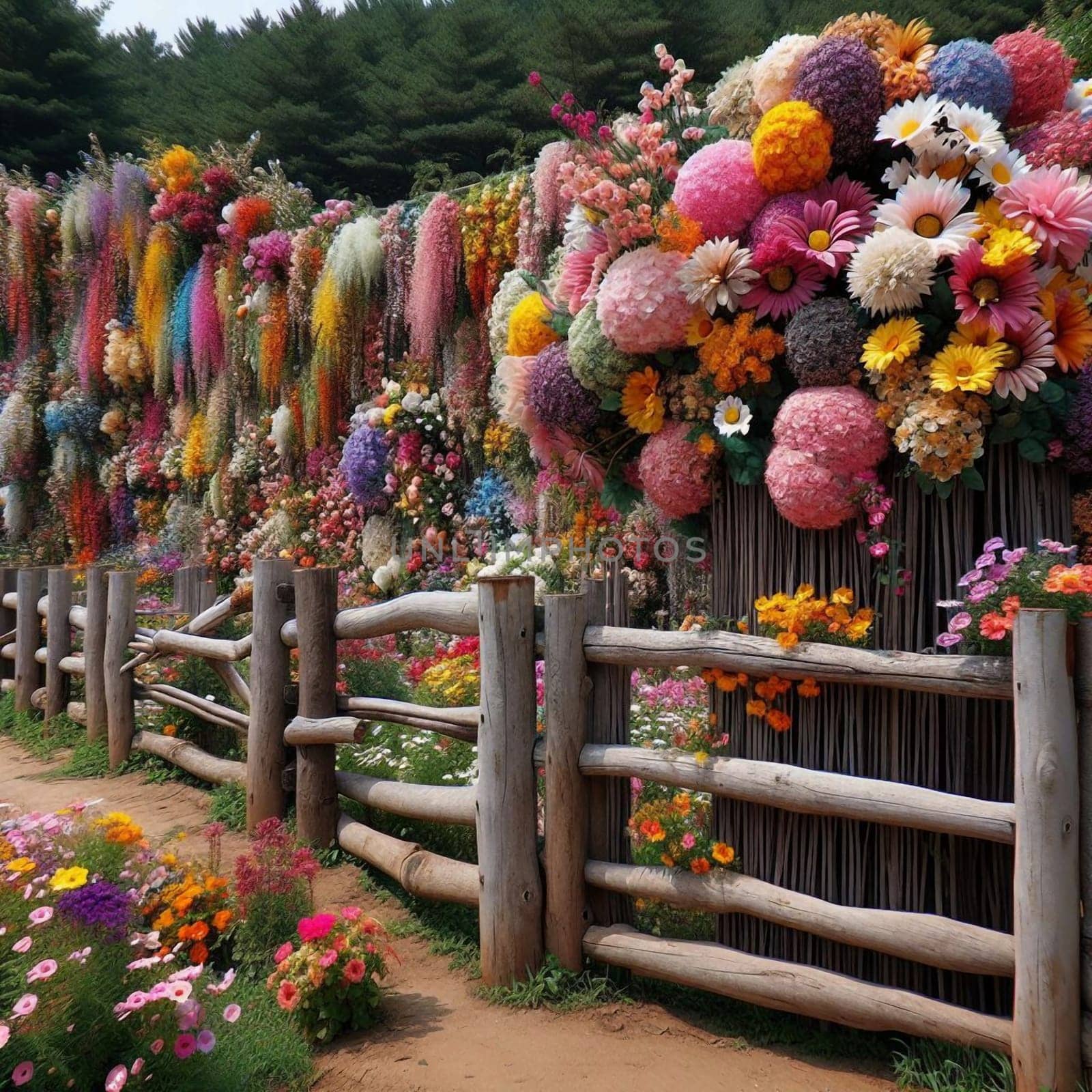 A wooden fence lines a path next to a vibrant wall of flowers, including dried flowers and fresh blooms, creating a colorful and visually striking scene. High quality AI-generated photo.