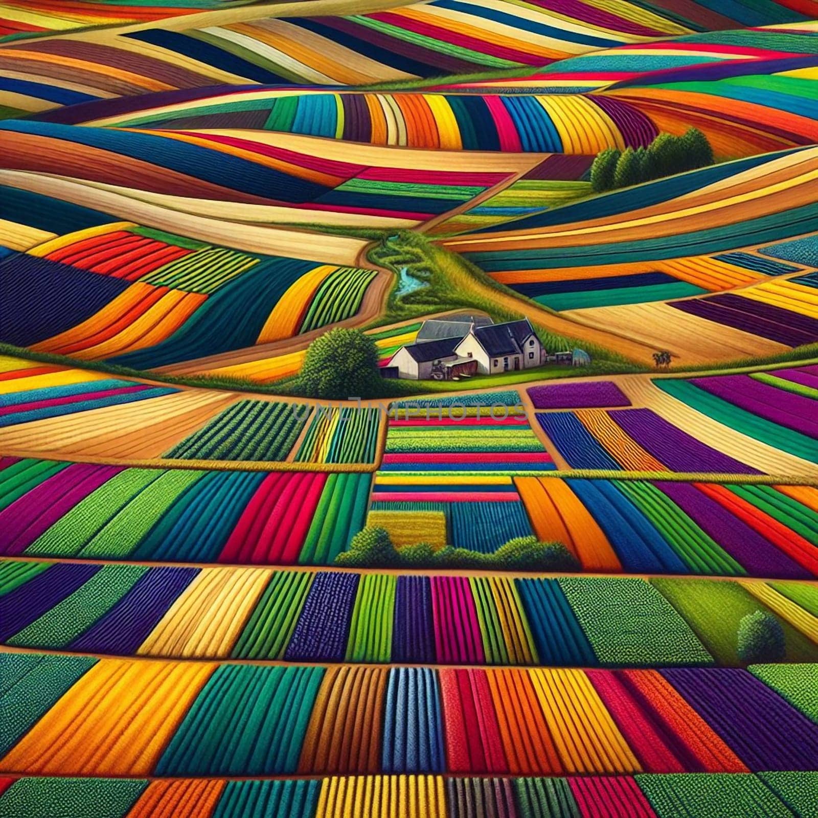 An aerial view of a landscape with fields of various colors forming a vibrant, geometric pattern. High quality AI-generated photo.