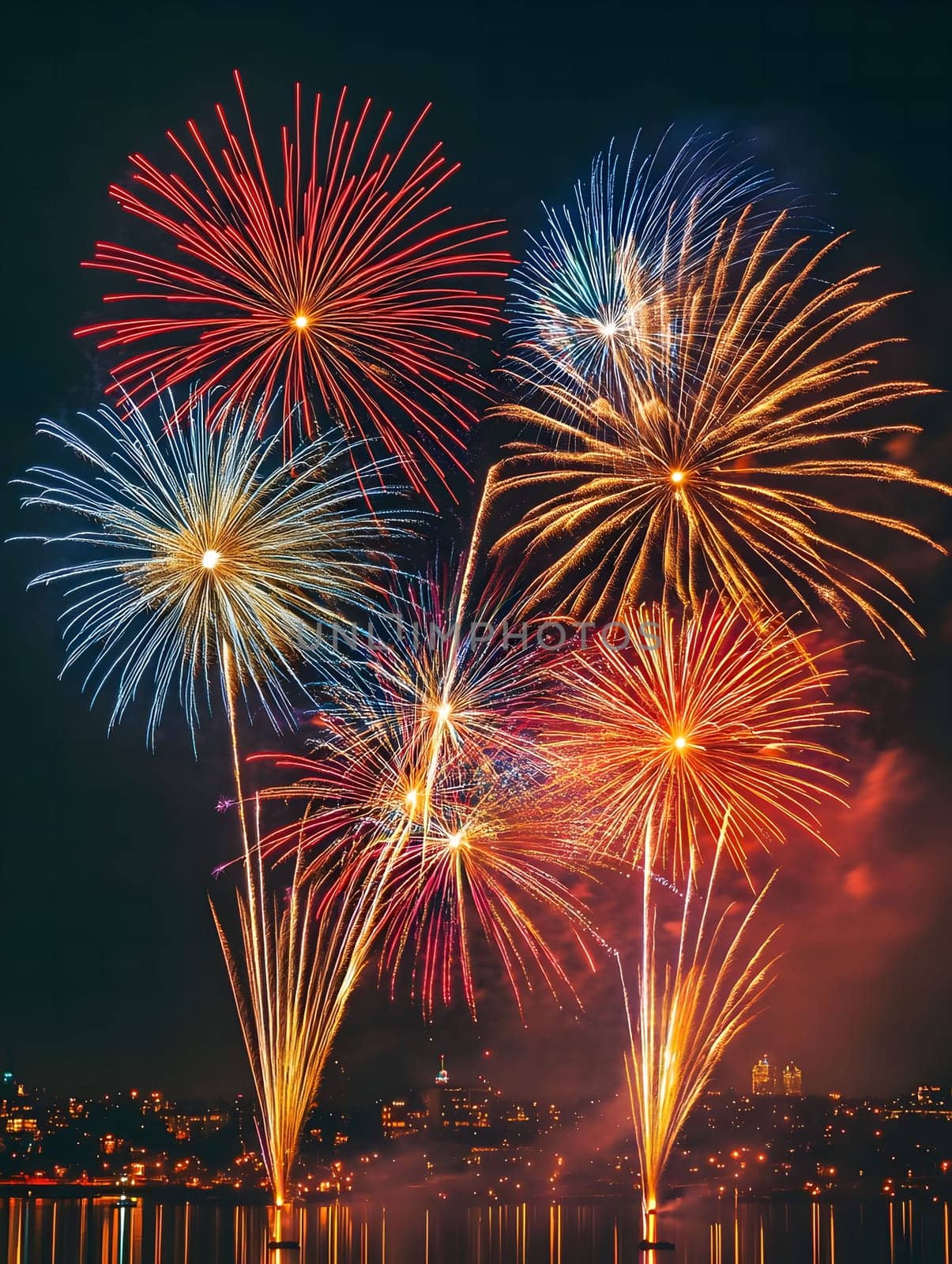 A breathtaking fireworks display lights up the night sky over a city, reflecting beautifully in the water below. The vibrant colors create an unforgettable spectacle.