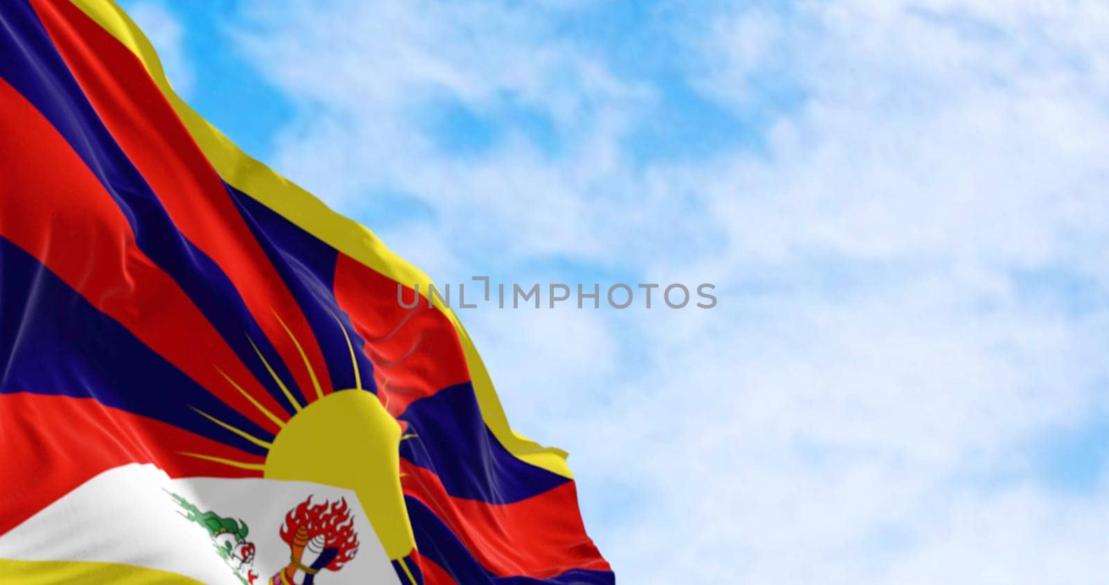 Close-up of Tiber flag waving in in the wind on a clear day. Chinese autonomous region. 3d illustration render. Selective focus