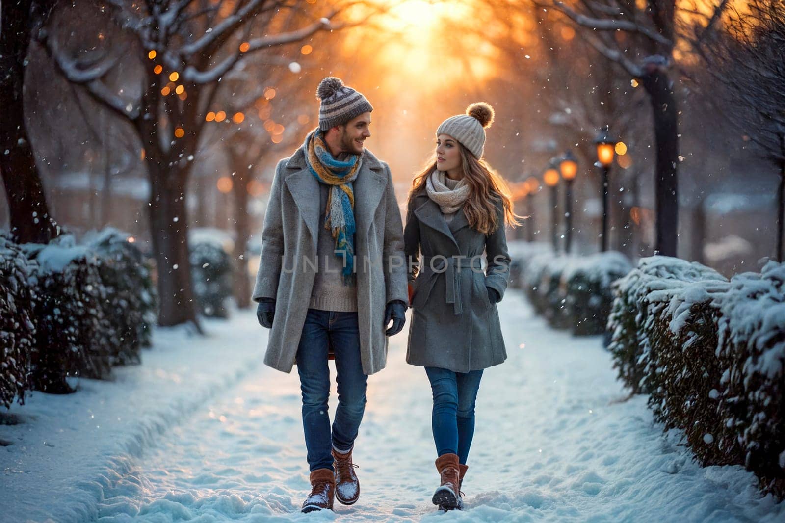 A romantic couple enjoys a walk in a snowy park during sunset. Dressed warmly in winter coats, scarves, and hats, they are surrounded by softly falling snow and illuminated by warm streetlights. Winter romance, outdoor activities, and seasonal lifestyle