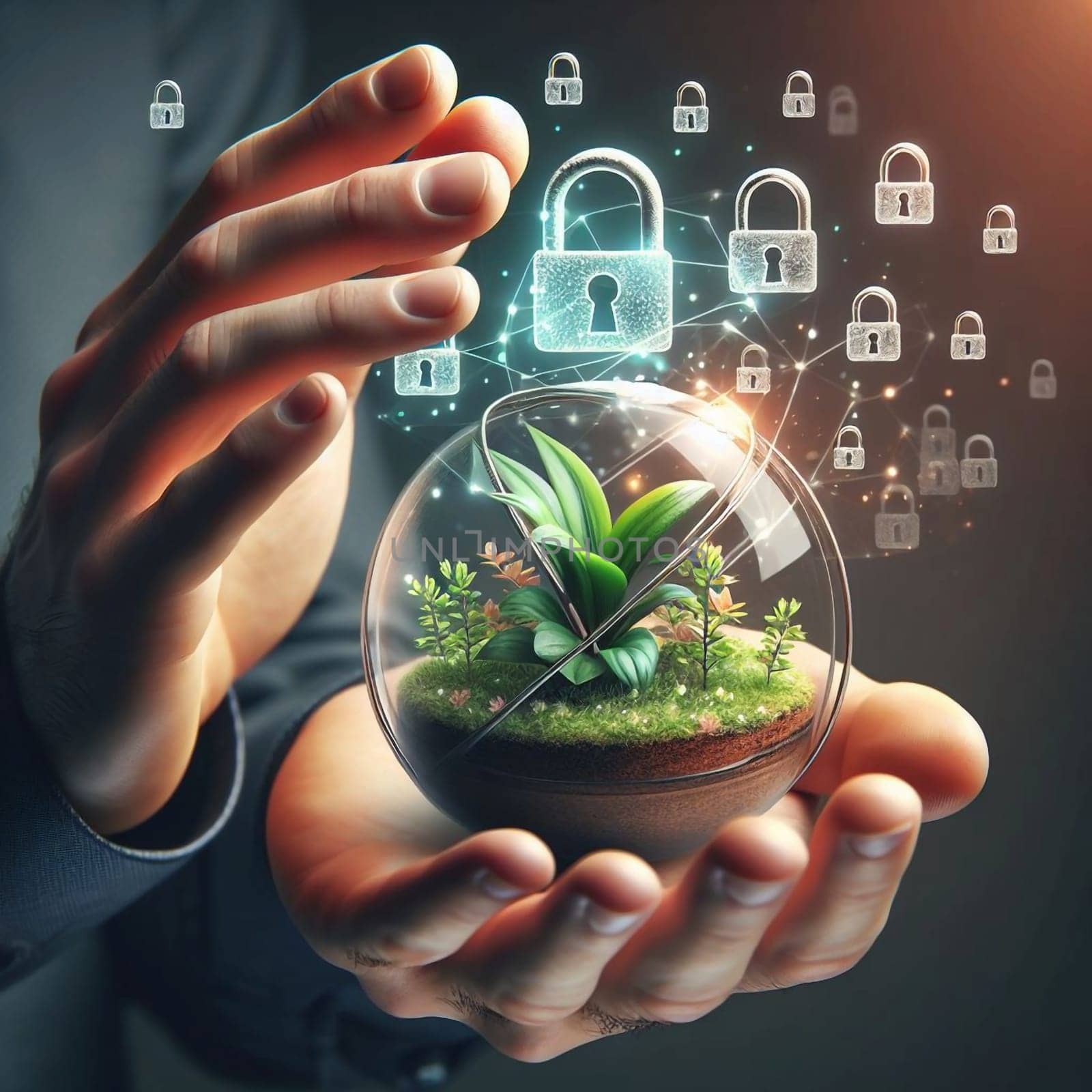 A conceptual image of a person's hands cradling a glass sphere containing a small plant, with glowing padlock icons representing data security. High quality AI-generated photo.